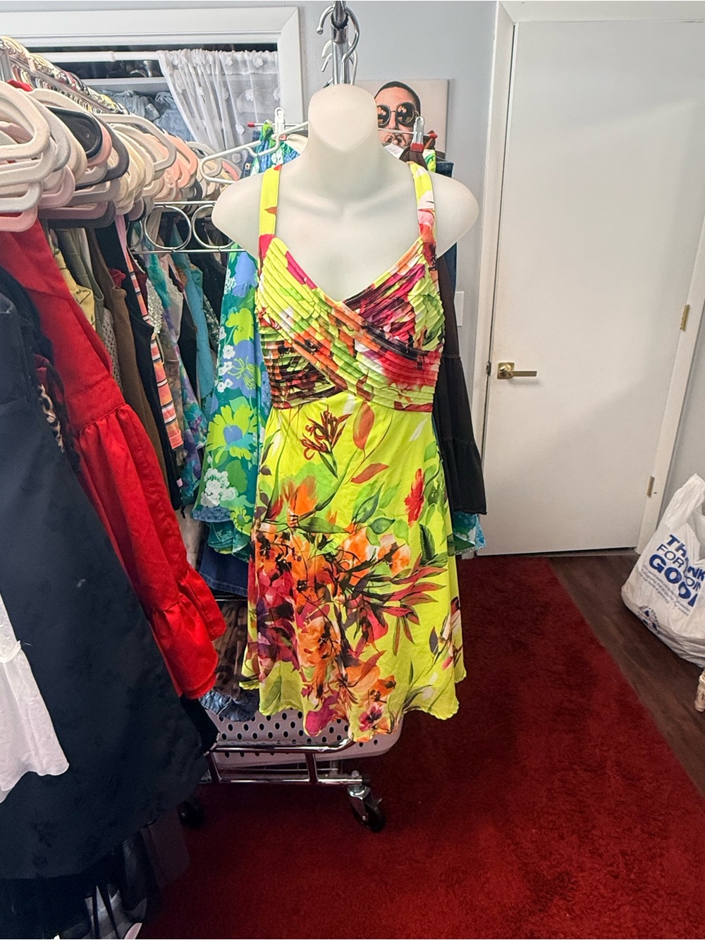 Y2K Robbie Bee Bright Floral Lime Green Summer Dress - Sleeveless V-Neck